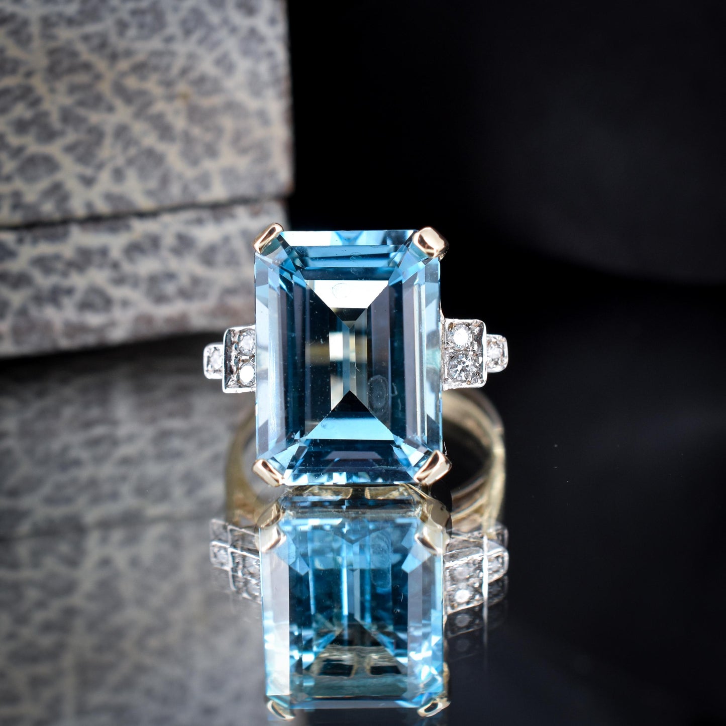 Blue Topaz and Diamond Gold Statement Cocktail Ring | Art Deco Style