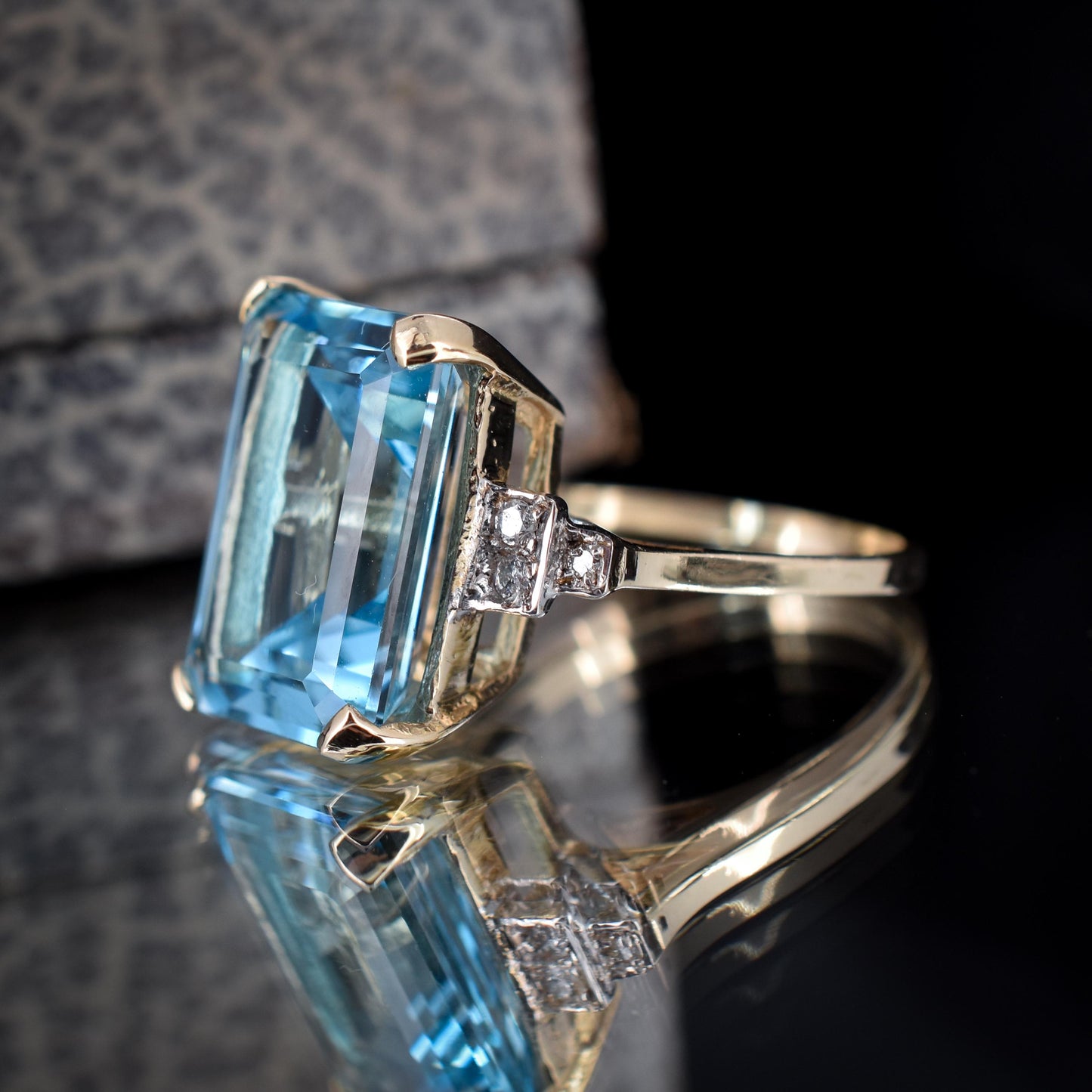 Blue Topaz and Diamond Gold Statement Cocktail Ring | Art Deco Style