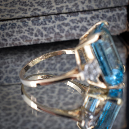 Blue Topaz and Diamond Gold Statement Cocktail Ring | Art Deco Style