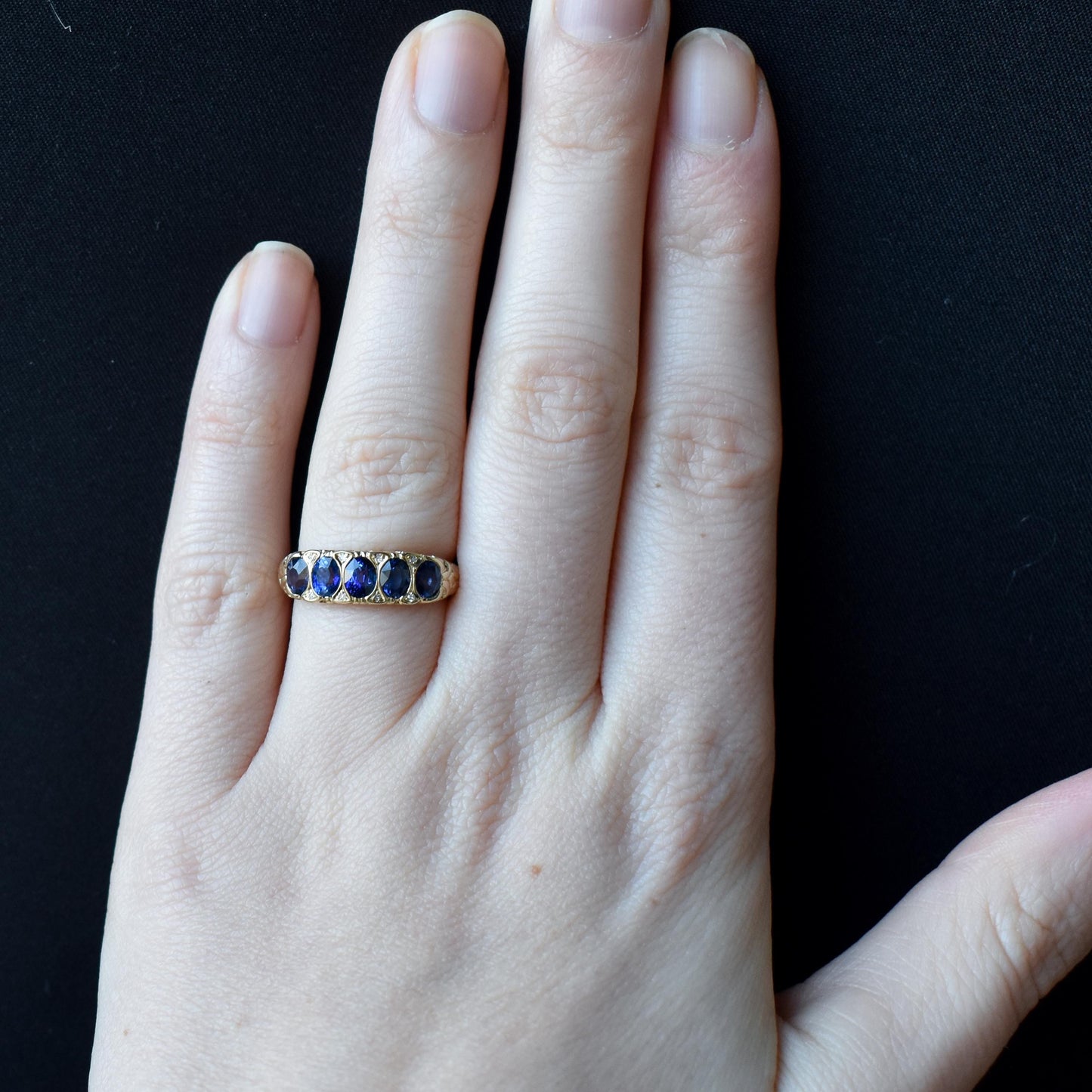 Blue Sapphire and Diamond 14ct Yellow Gold Five Stone Scroll Ring