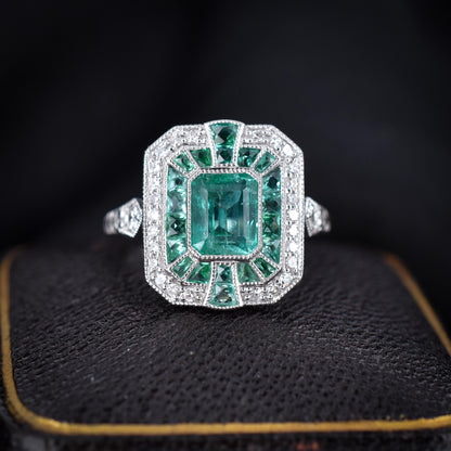 Art Deco Style Natural Colombian Emerald and Diamond Platinum Cocktail Ring | Certified