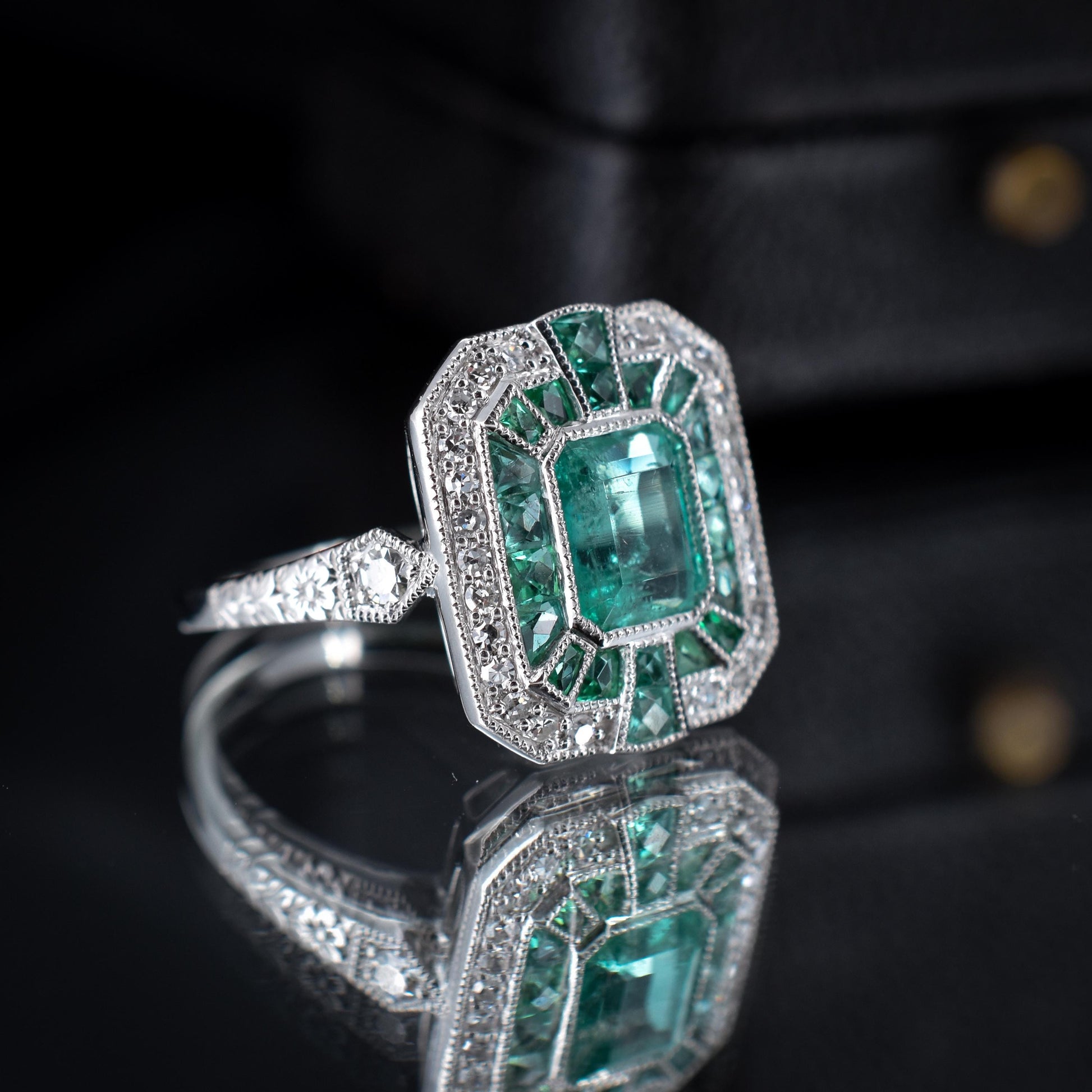 Art Deco Style Natural Colombian Emerald and Diamond Platinum Cocktail Ring | Certified