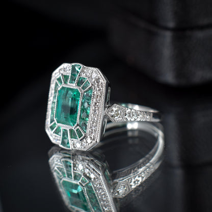 Art Deco Style Natural Colombian Emerald and Diamond Platinum Cocktail Ring | Certified