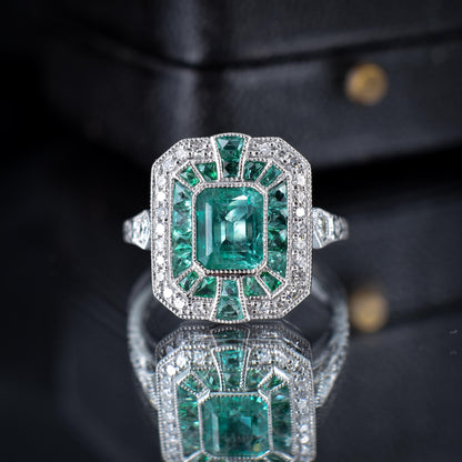 Art Deco Style Natural Colombian Emerald and Diamond Platinum Cocktail Ring | Certified