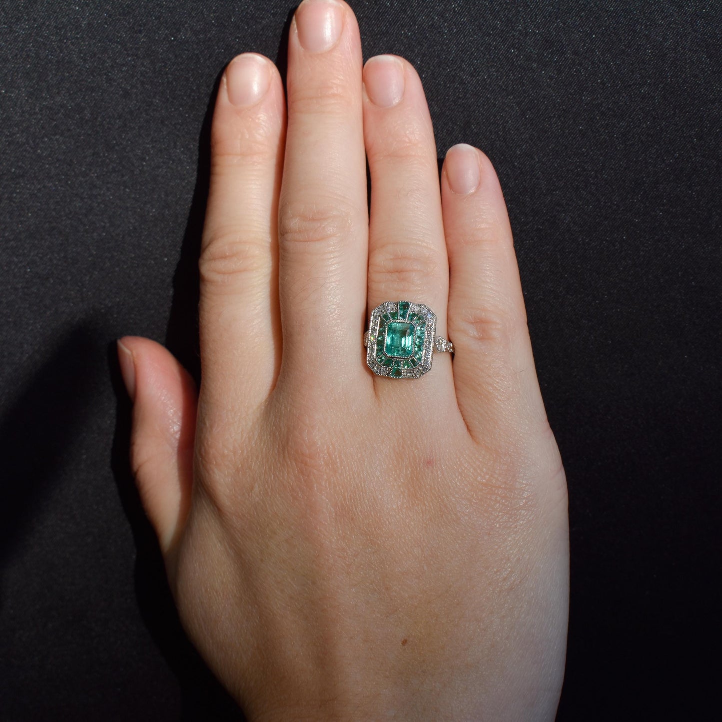 Art Deco Style Natural Colombian Emerald and Diamond Platinum Cocktail Ring | Certified