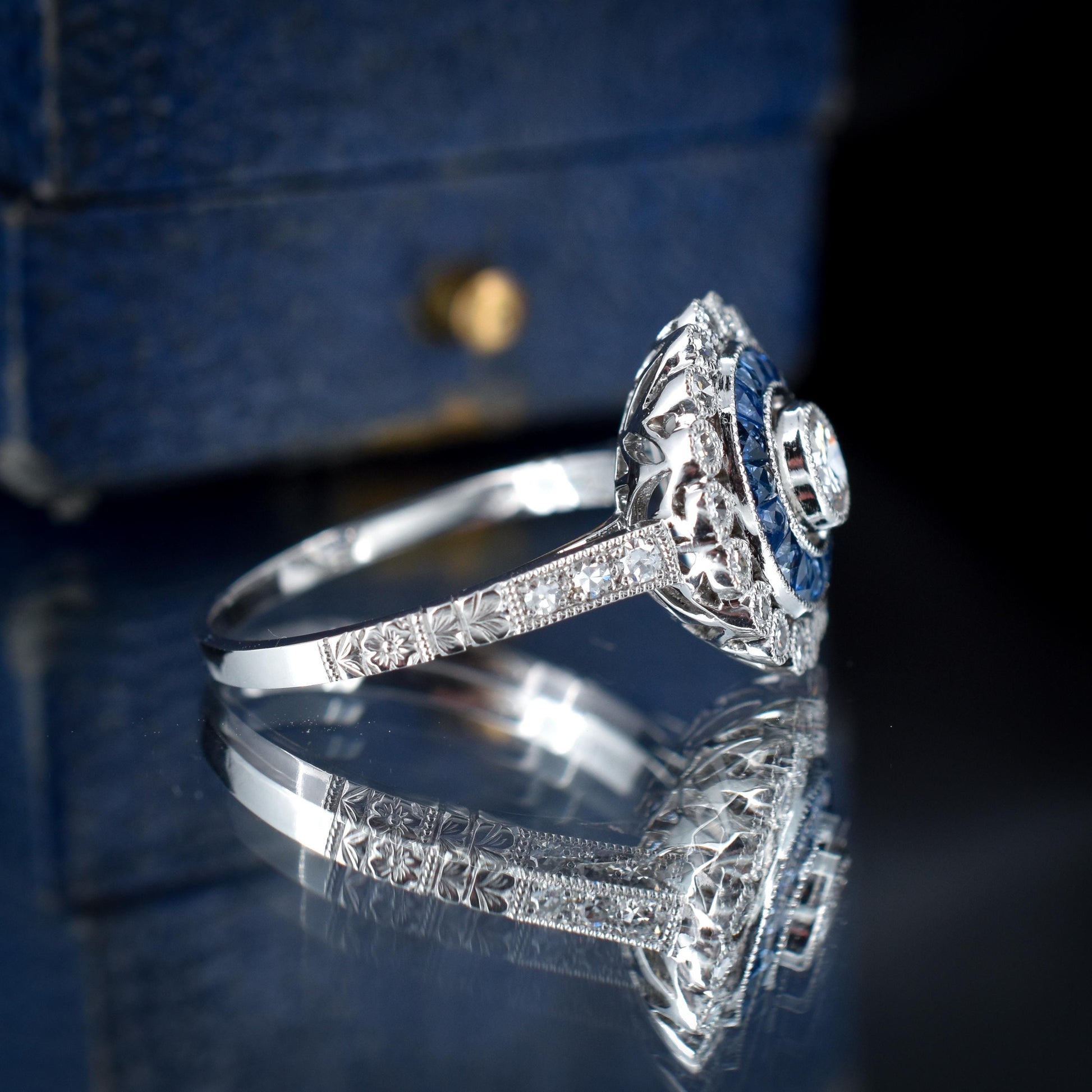 Art Deco Style Sapphire and Diamond Platinum Target Halo Ring