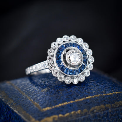 Art Deco Style Sapphire and Diamond Platinum Target Halo Ring