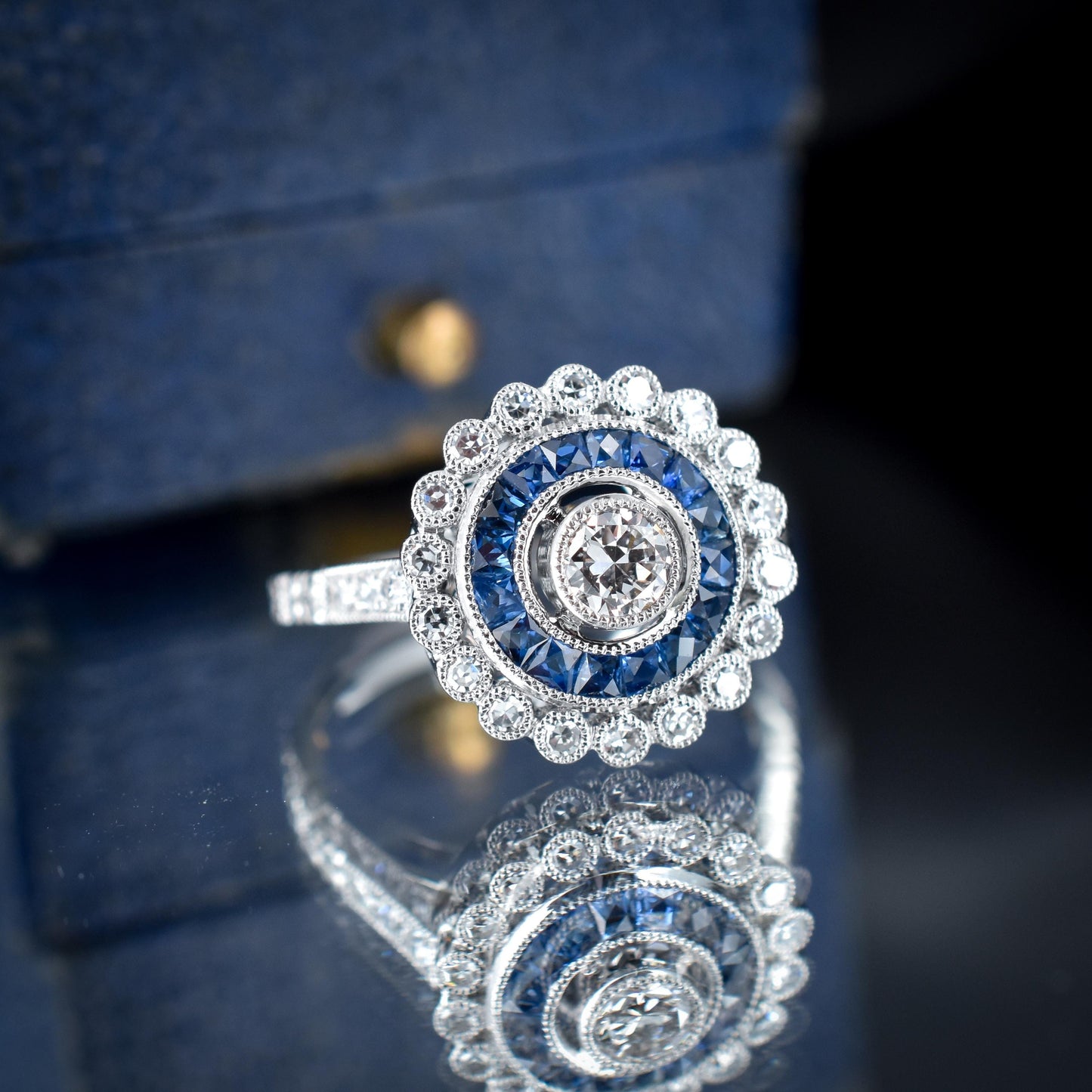 Art Deco Style Sapphire and Diamond Platinum Target Halo Ring