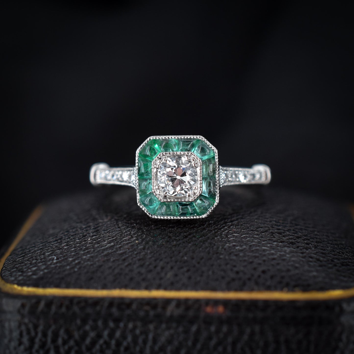 Emerald and Old Cut Diamond Cluster Halo Platinum Ring | Engagement | Art Deco Style