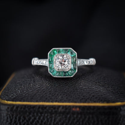 Emerald and Old Cut Diamond Cluster Halo Platinum Ring | Engagement | Art Deco Style