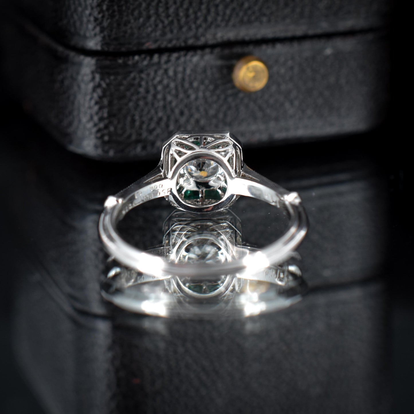 Emerald and Old Cut Diamond Cluster Halo Platinum Ring | Engagement | Art Deco Style