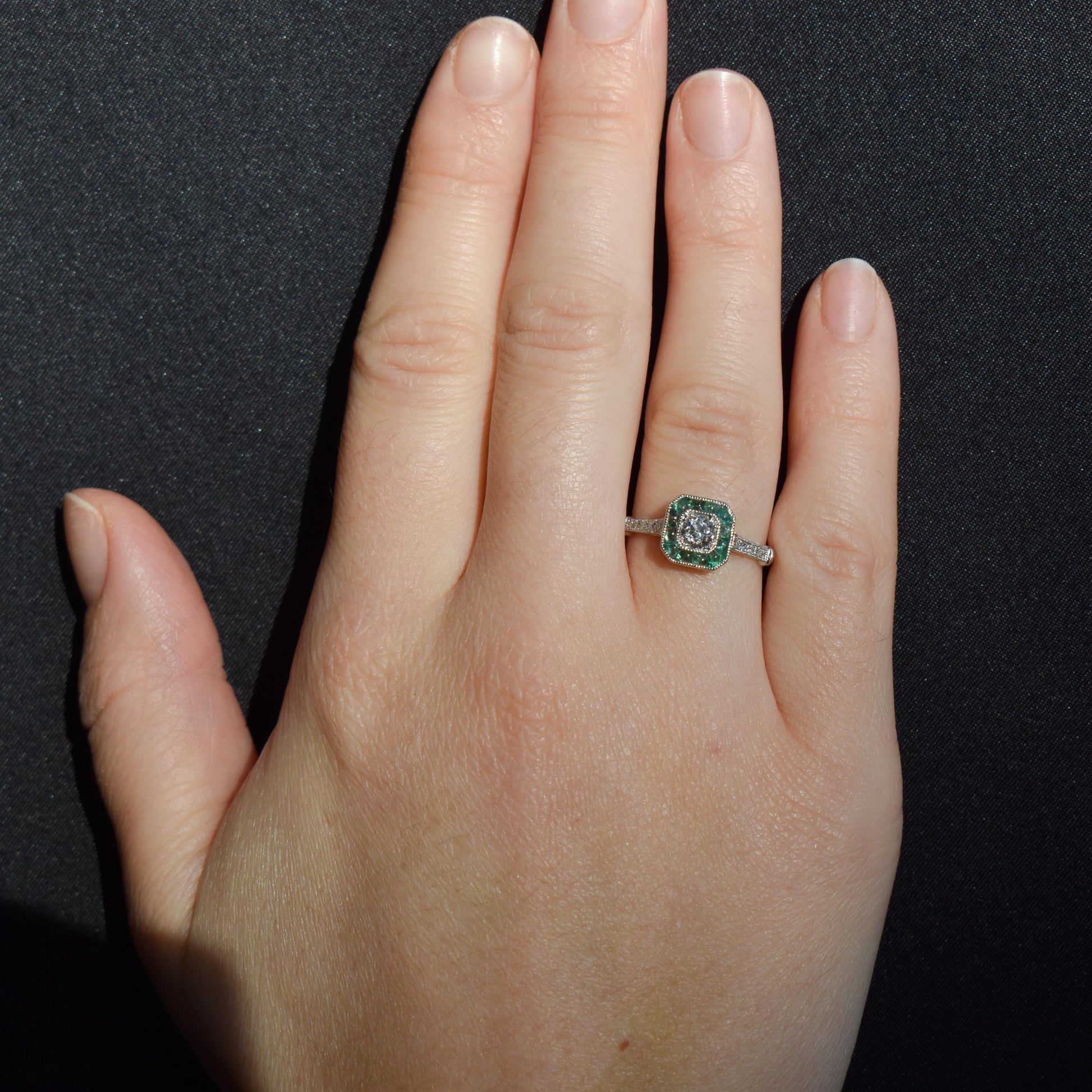 Emerald and Old Cut Diamond Cluster Halo Platinum Ring | Engagement | Art Deco Style