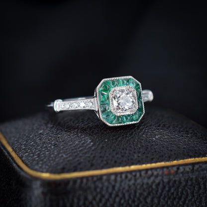 Emerald and Old Cut Diamond Cluster Halo Platinum Ring | Engagement | Art Deco Style