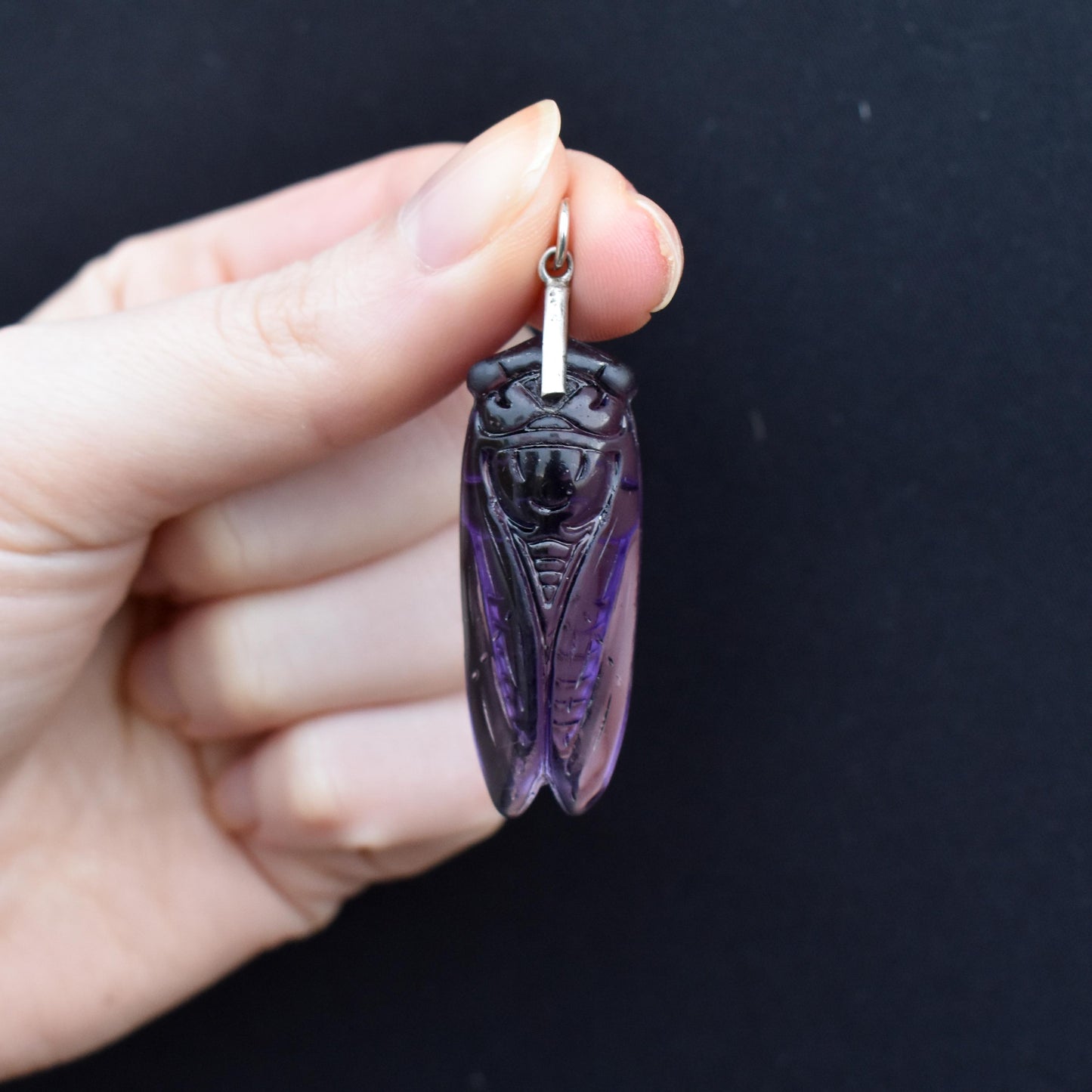 Vintage Large Amethyst Paste Cicada Fly Insect Silver Pendant