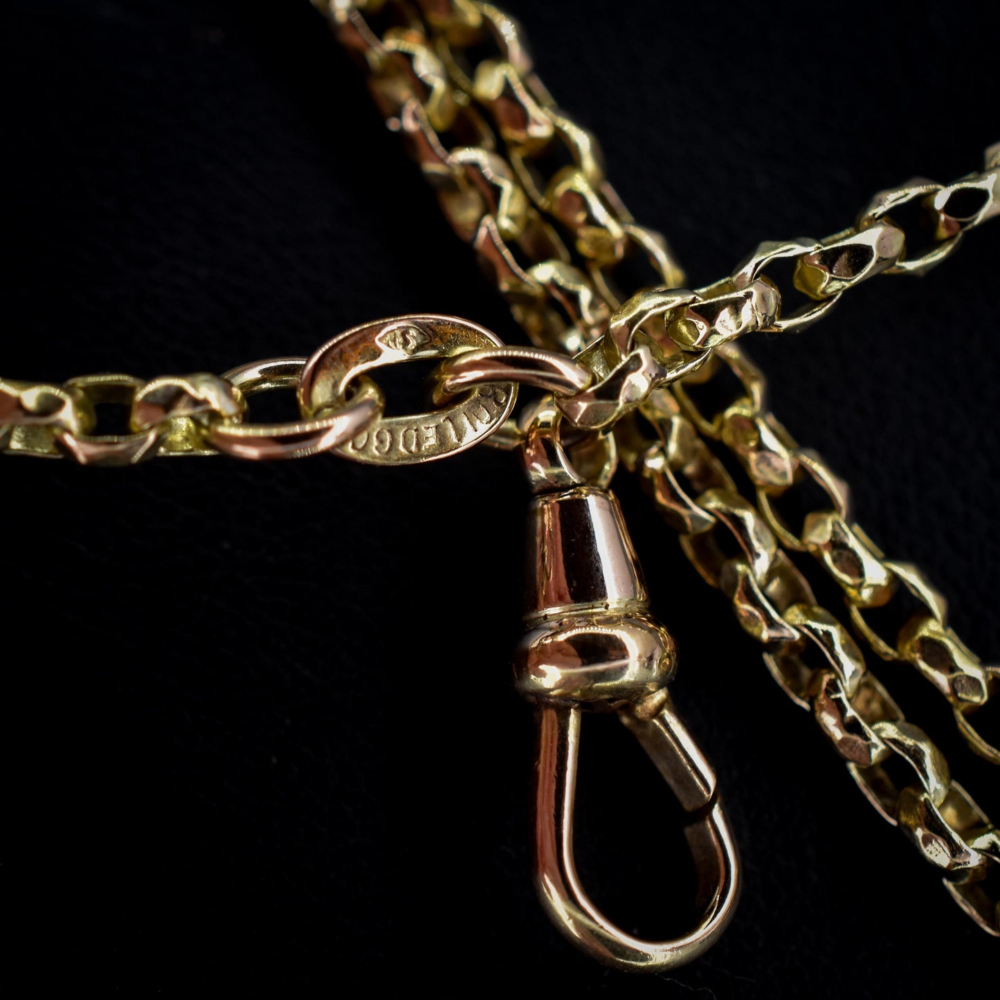 Antique Victorian Faceted Long Guard Muff Chain Rolled Gold Necklace with Dog Clip | 56"