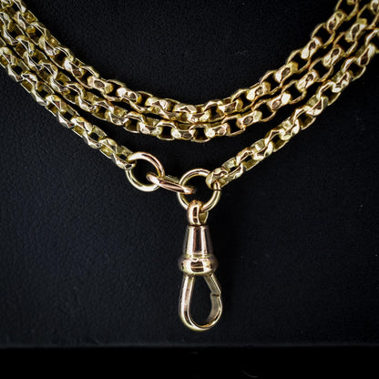 Antique Victorian Faceted Long Guard Muff Chain Rolled Gold Necklace with Dog Clip | 56"