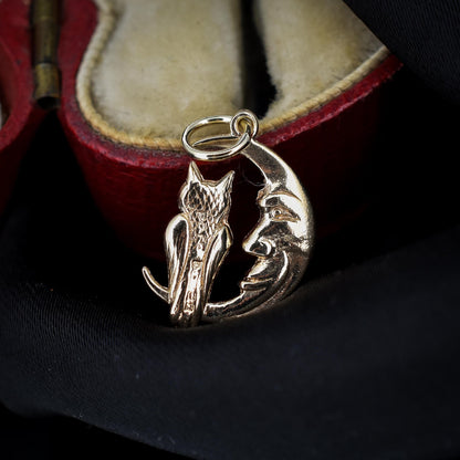 Vintage Man in the Moon Crescent Owl Gold Charm Pendant