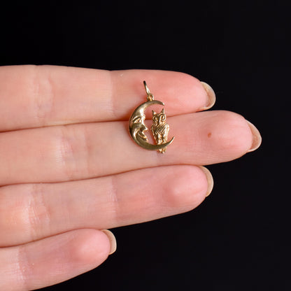 Vintage Man in the Moon Crescent Owl Gold Charm Pendant