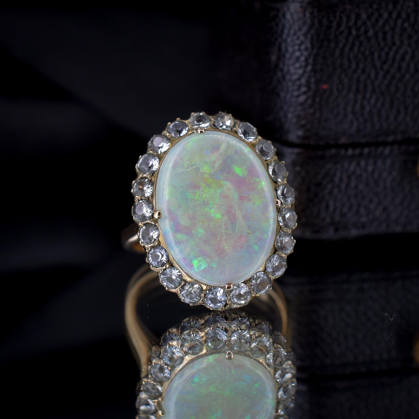 Antique Natural Opal and White Sapphire Oval Cluster Halo Gold Ring