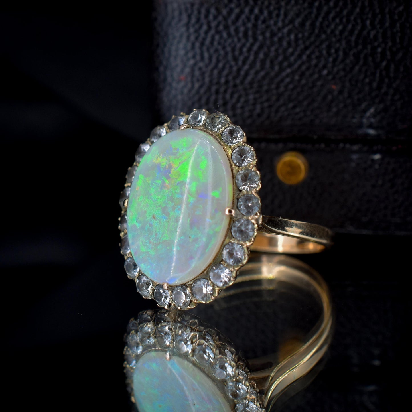 Antique Natural Opal and White Sapphire Oval Cluster Halo Gold Ring