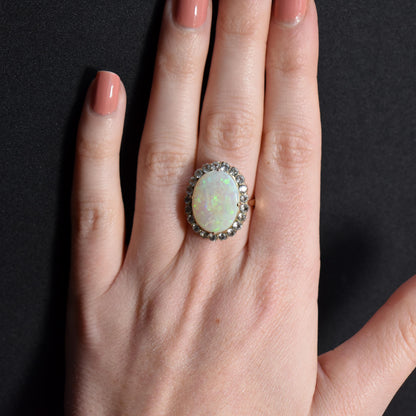 Antique Natural Opal and White Sapphire Oval Cluster Halo Gold Ring