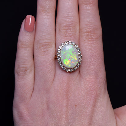 Antique Natural Opal and White Sapphire Oval Cluster Halo Gold Ring