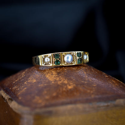 Antique Emerald and Pearl 18ct Yellow Gold Ring | Dated 1870