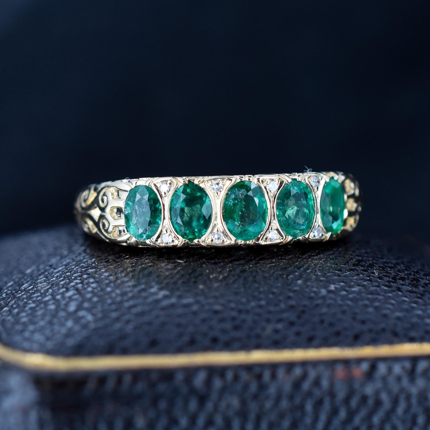 Emerald and Diamond 14ct Yellow Gold Five Stone Scroll Ring