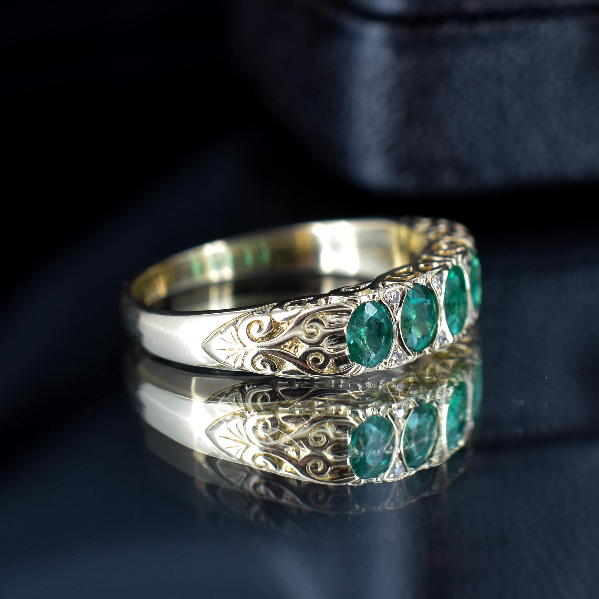 Emerald and Diamond 14ct Yellow Gold Five Stone Scroll Ring