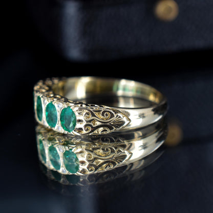 Emerald and Diamond 14ct Yellow Gold Five Stone Scroll Ring