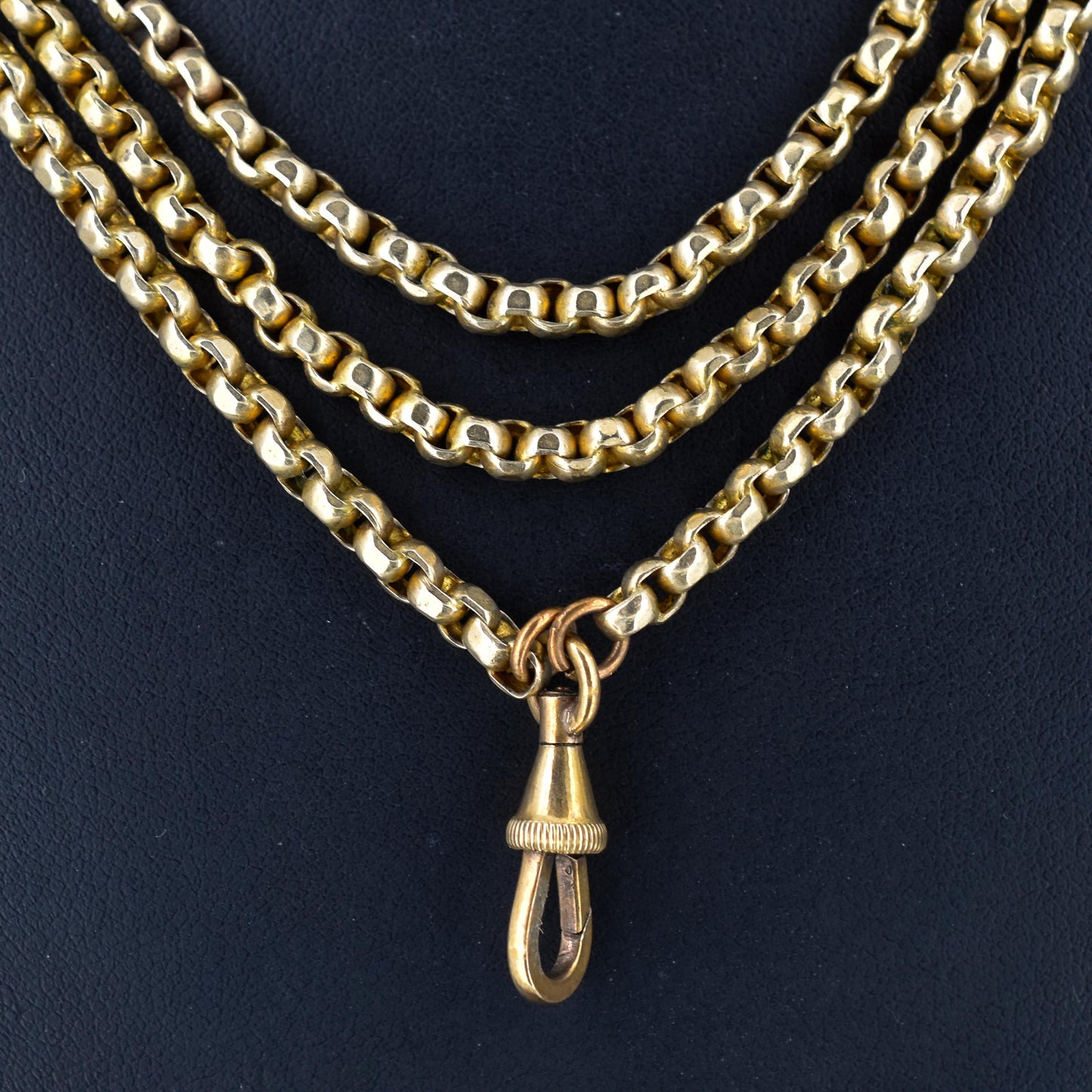 Antique Victorian Long Guard Muff Chain Rolled Gold Necklace with Dog Clip | 53"