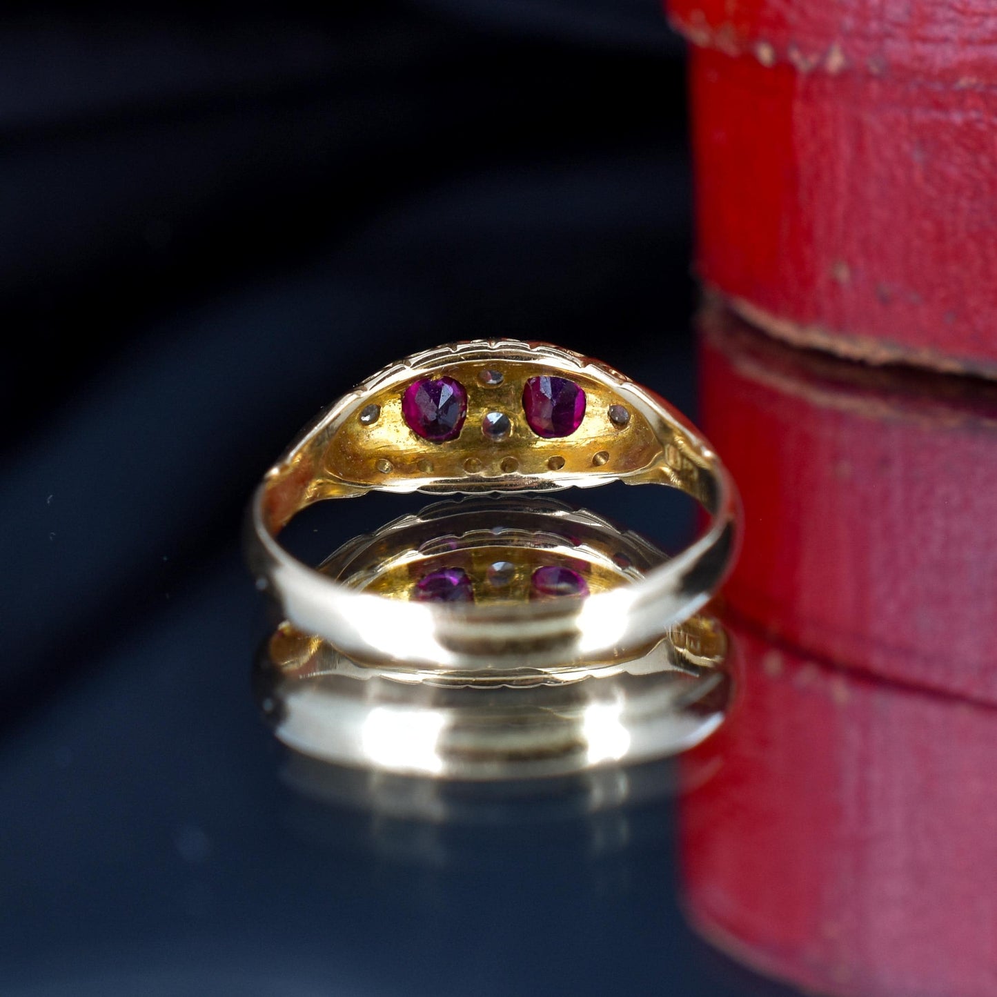 Antique Ruby and Diamond 18ct Yellow Gold Boat Ring | Birmingham 1907