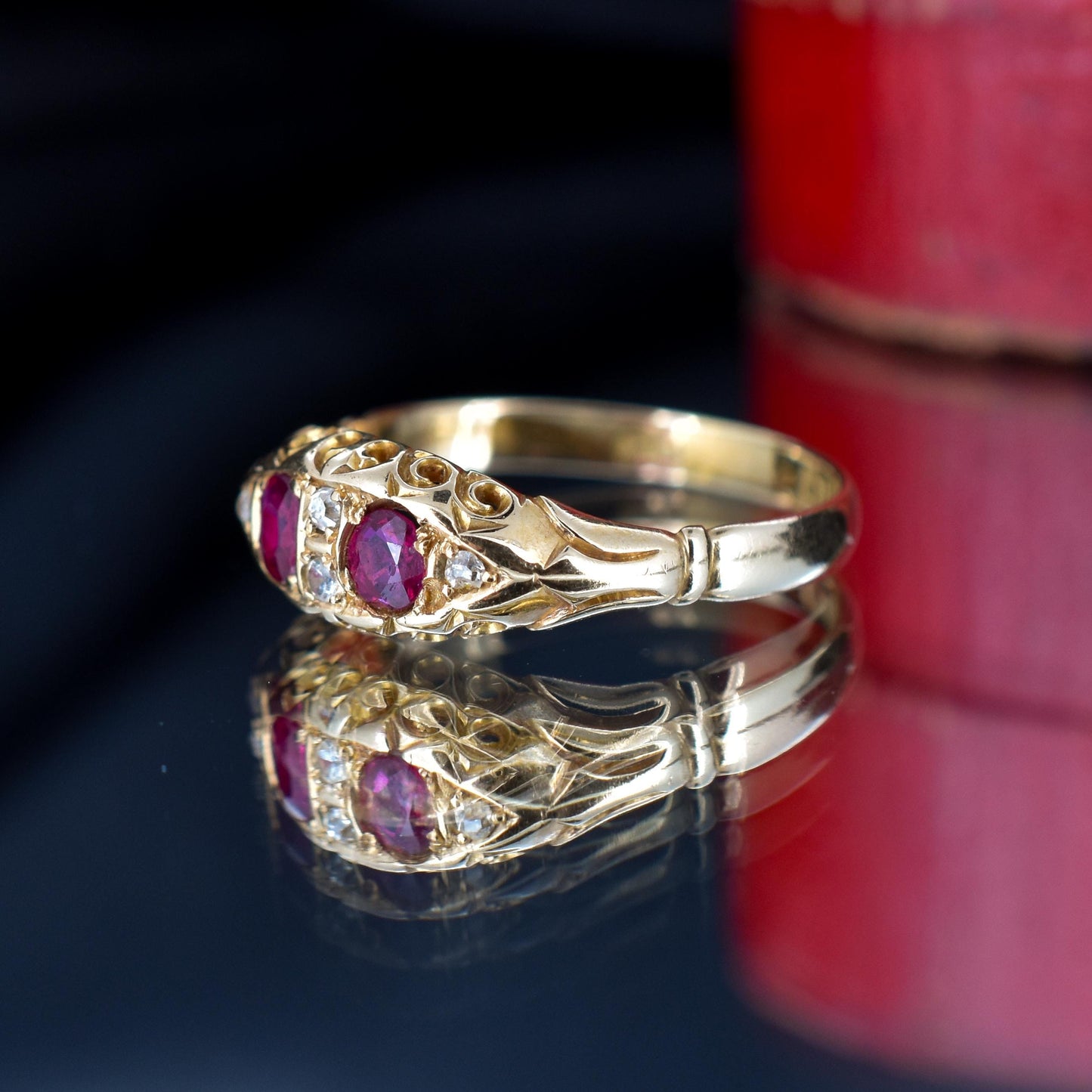 Antique Ruby and Diamond 18ct Yellow Gold Boat Ring | Birmingham 1907