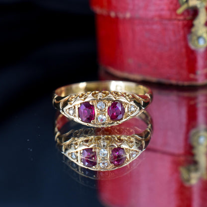 Antique Ruby and Diamond 18ct Yellow Gold Boat Ring | Birmingham 1907