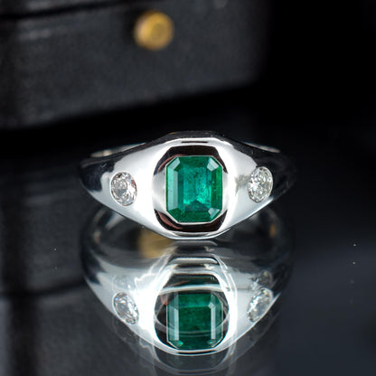 Natural Emerald and Diamond Three Stone Platinum Chunky Band Ring