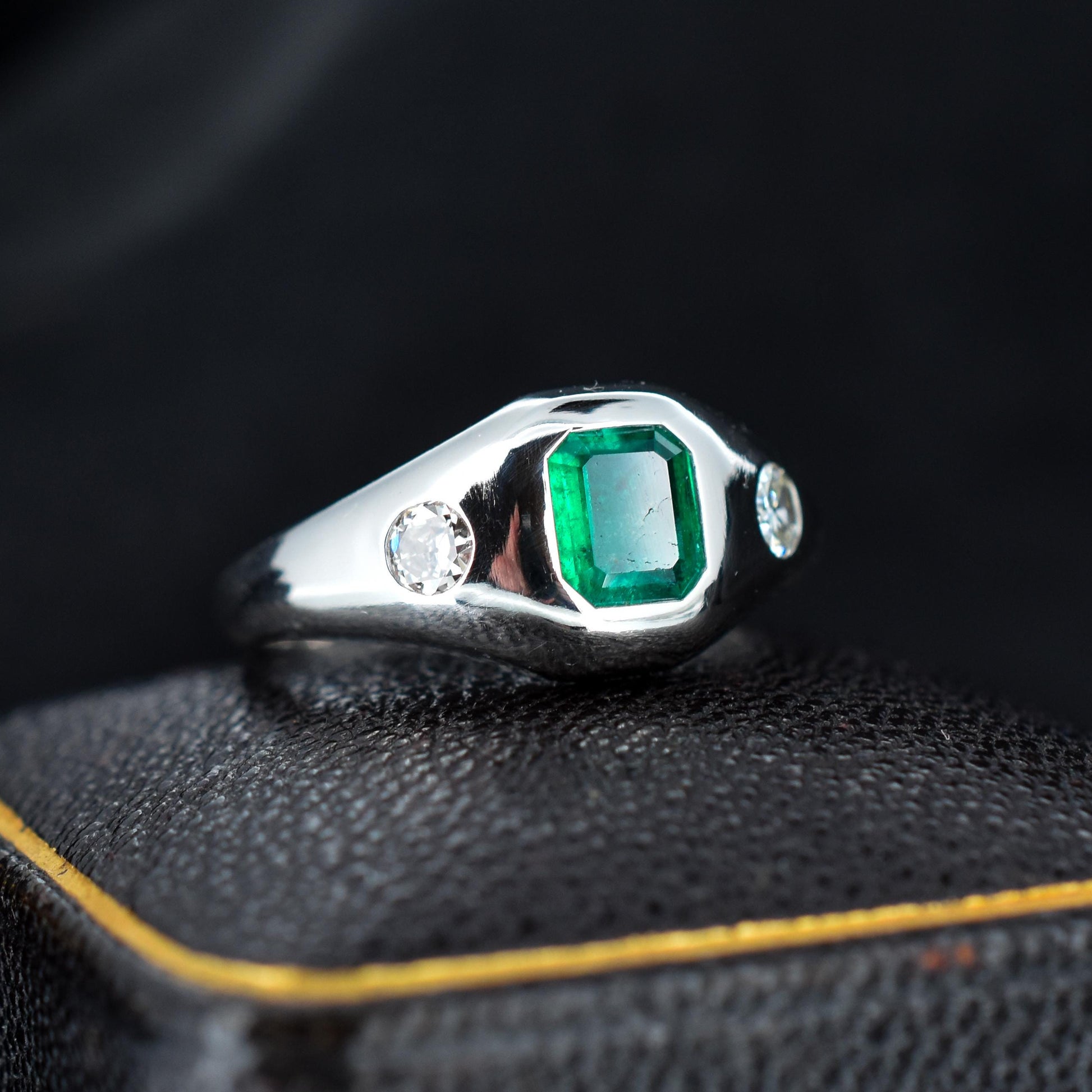 Natural Emerald and Diamond Three Stone Platinum Chunky Band Ring