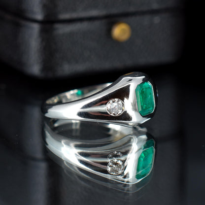 Natural Emerald and Diamond Three Stone Platinum Chunky Band Ring