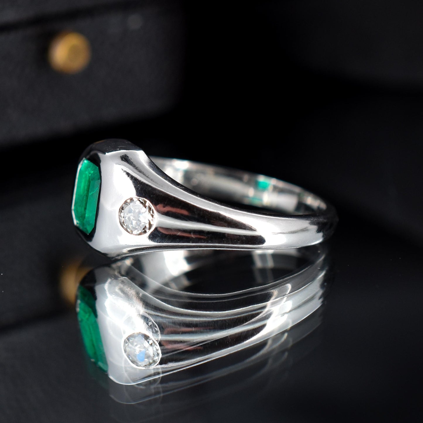 Natural Emerald and Diamond Three Stone Platinum Chunky Band Ring