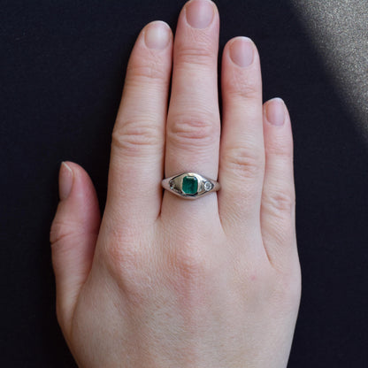 Natural Emerald and Diamond Three Stone Platinum Chunky Band Ring