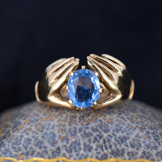 Vintage Blue Topaz Claddagh Hand 9ct Yellow Gold Ring