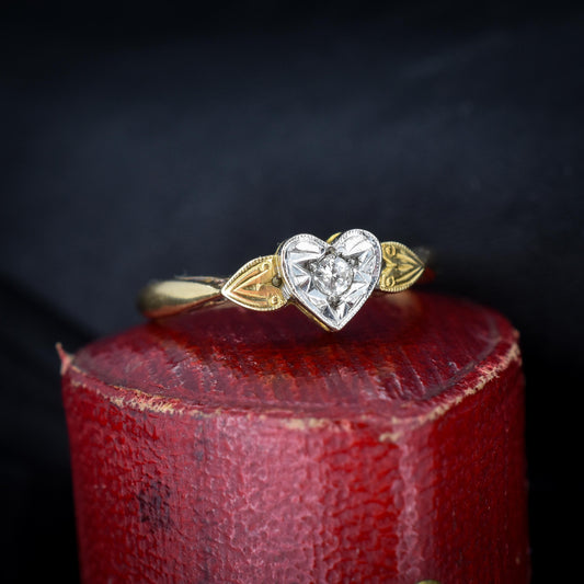 Vintage Diamond Heart Solitaire 18ct Gold and Platinum Ring