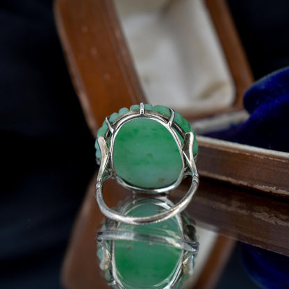 Art Deco Round Carved Jade 9ct White Gold Ring