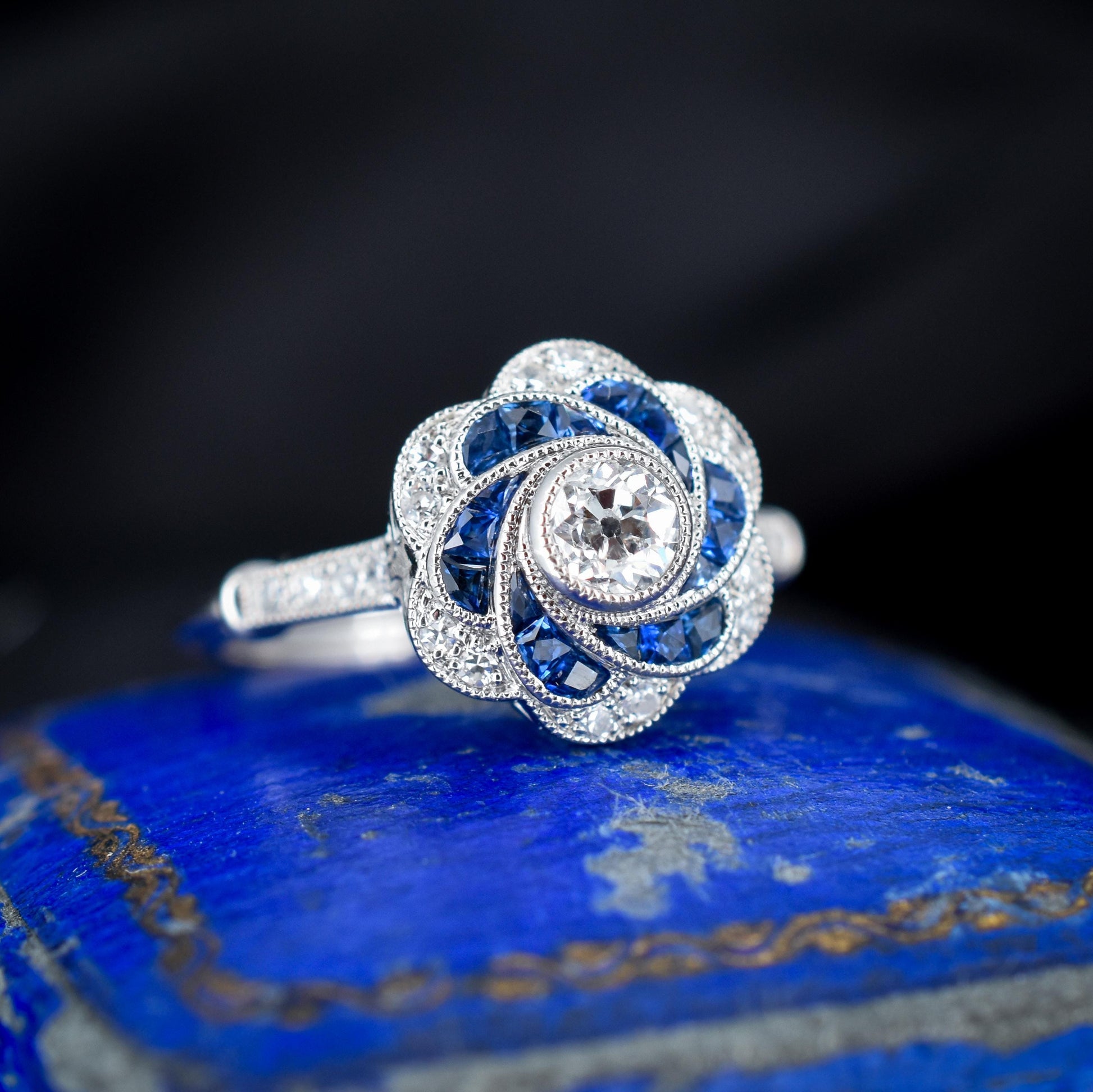 Art Deco Style Sapphire and Old Cut Diamond Flower Cluster Platinum Ring