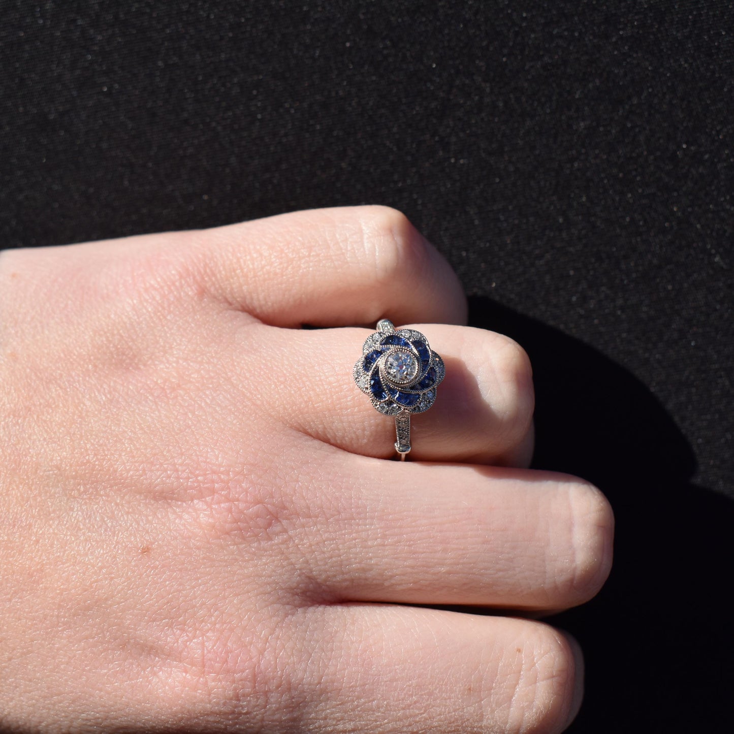 Art Deco Style Sapphire and Old Cut Diamond Flower Cluster Platinum Ring