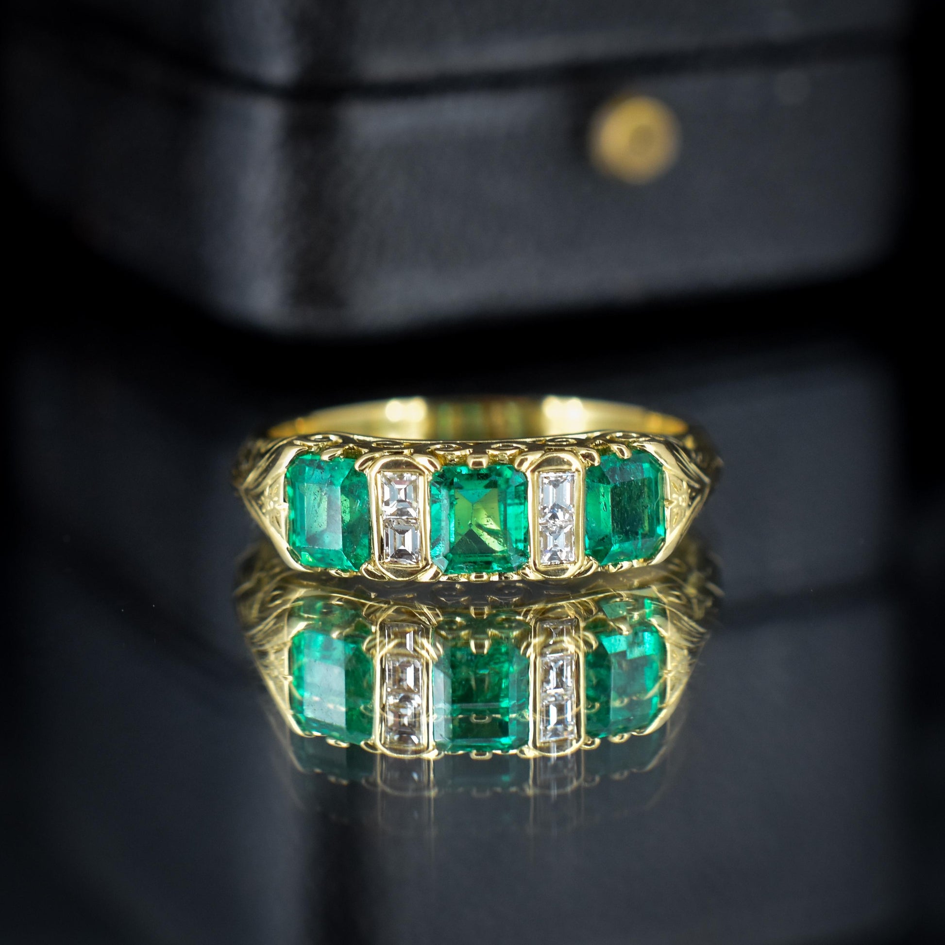 Emerald and Diamond 18ct Yellow Gold Three Stone Scroll Ring