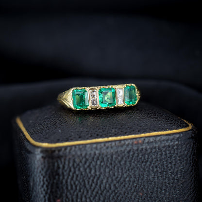 Emerald and Diamond 18ct Yellow Gold Three Stone Scroll Ring