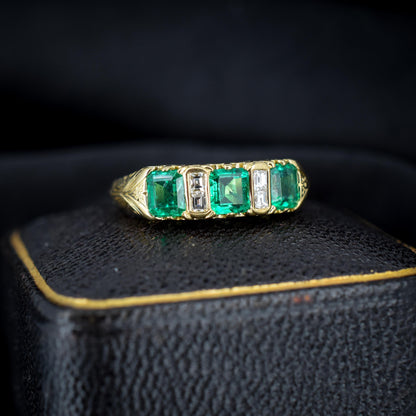 Emerald and Diamond 18ct Yellow Gold Three Stone Scroll Ring