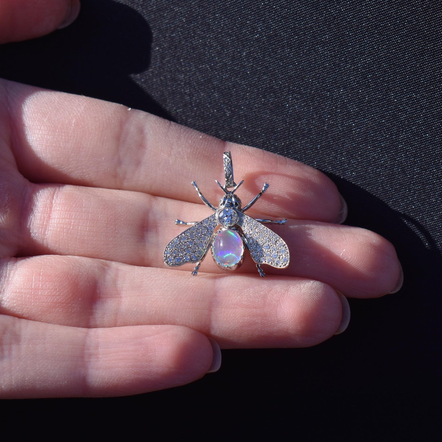 Crystal Opal and Diamond Platinum Insect Queen Bee Pendant | 0.40ct Diamond