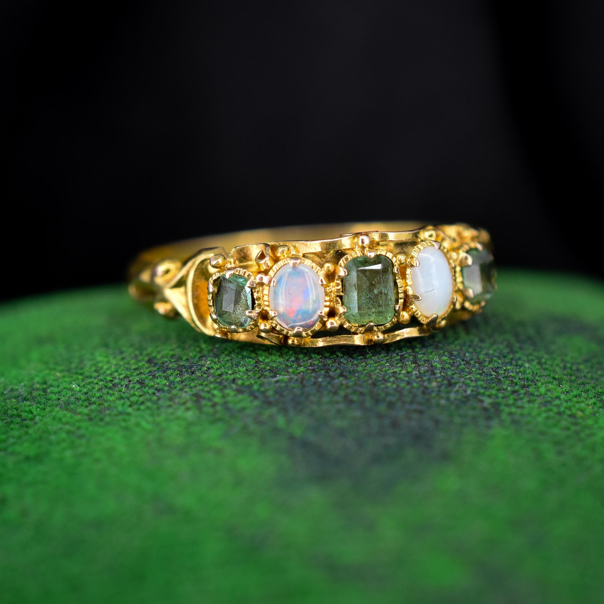 Antique Victorian Emerald and Opal 15ct Yellow Gold Scroll Ring | Dated 1866