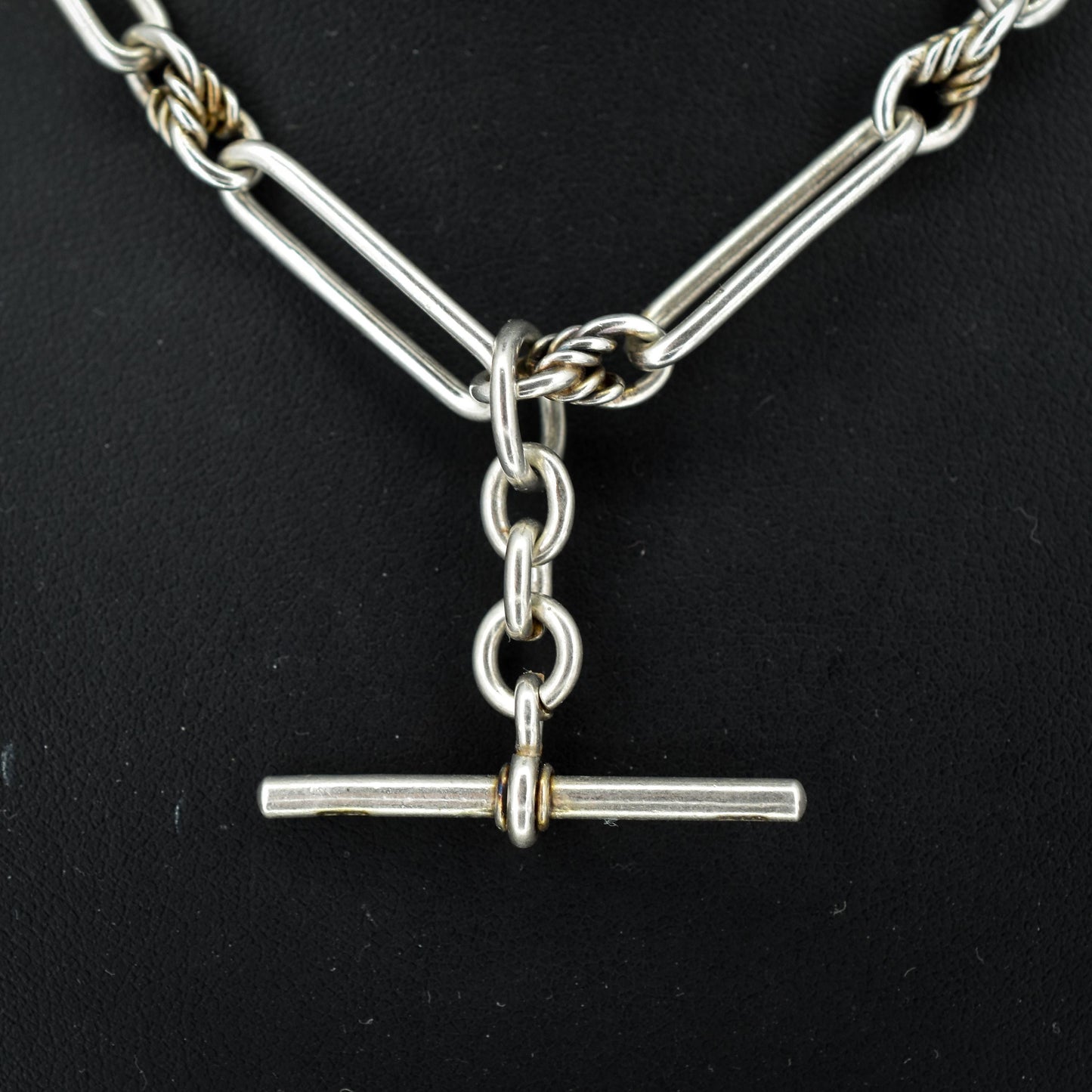 Antique Sterling Silver Trombone Watch Chain with Double Dog Clip and T Bar | 15.5"